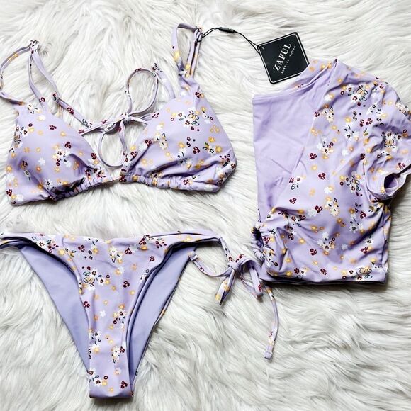 Zaful Bikini Set of 3 Floral Purple Size 6 - Picture 1 of 5